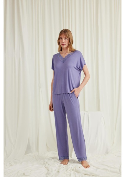 Kadın Kısa Kollu V Yakalı Dantelli Pijama Takımı 18560 fiyatları