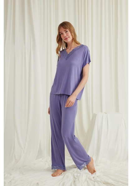 Kadın Kısa Kollu V Yakalı Dantelli Pijama Takımı 18560 indirimleri