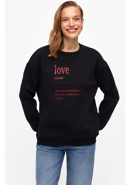Baskılı Düz Renk Sweatshirt -Siyah