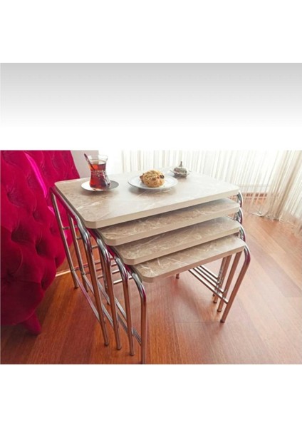 4'lü Açık Kahve Metal Krom Nikel Ayaklı Zigon Sehpa