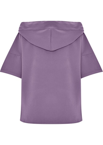 Kısa Kollu Kapüşonlu Düz Renk Kordon Detaylı Cepli Dokuma Sweatshirt-Lila