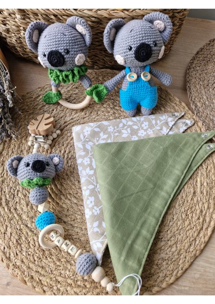 Bebek Yenidoğan Isimli Emzik Zinciri Askısı Hediye Seti Bebekli Amigurumi Koala Mavi