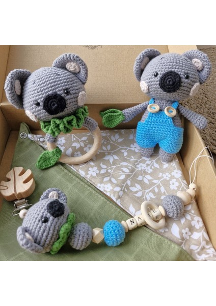 Bebek Yenidoğan Isimli Emzik Zinciri Askısı Hediye Seti Bebekli Amigurumi Koala Mavi