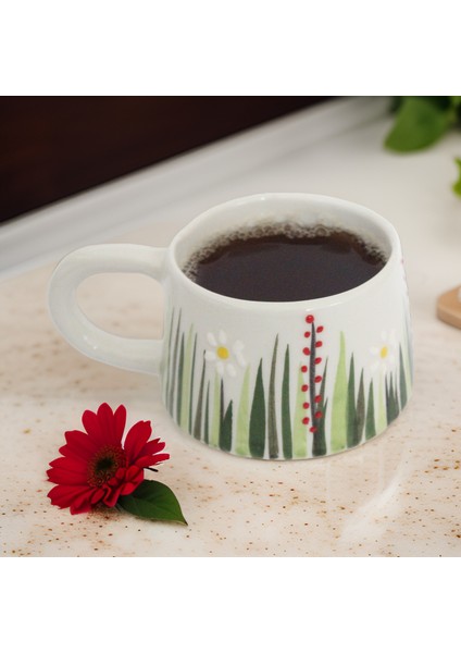 Klasik Seramik Kupa Mug Beyaz Papatya