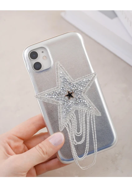 Paladyum Case iPhone 11 Uyumlu Lüks Gümüş Yıldızlı Taşlı Püsküllü Kılıf