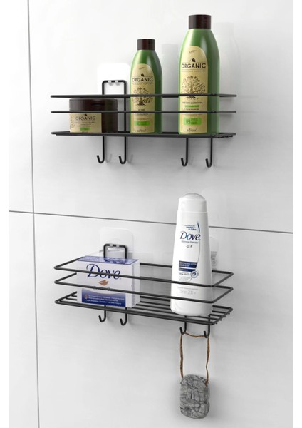 Yapışkanlı 4 Kancalı Banyo Rafı Banyo Şampuanlık Duşakabin Duş Askısı 2'li Set