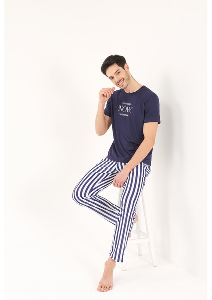 Çizgili Viskon Lacivert Erkek Pijama Takımı