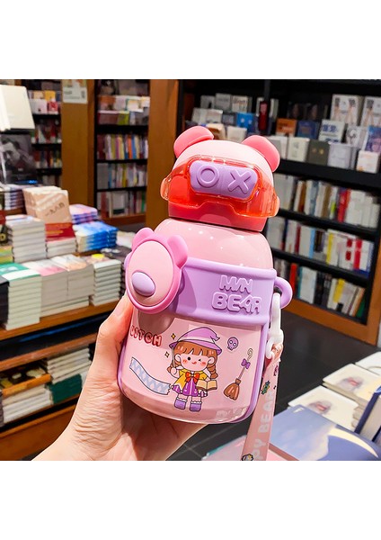 Sevimli Ayı Çocuk Termos Bardak 316 Gıda Sınıfı Paslanmaz Çelik Büyük Göbek Saman Su Bardağı Bebek Taşıyıcı Okul Su Şişesi (Yurt Dışından)