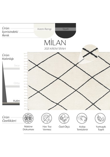 Milan 2021 Siyah Hav Toz Vermez Yumuşak Dokulu Etnik Desen Iskandinav Kesme Halı