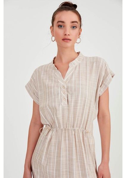 Beli Lastikli Çizgili Uzun Elbise fiyatları