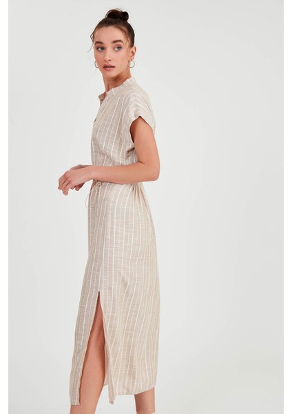 Beli Lastikli Çizgili Uzun Elbise modelleri