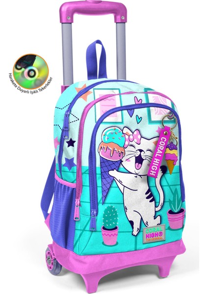 Kids Turkuaz Pembe Dondurmalı Kedi Desenli Üç Bölmeli Çekçekli Okul Sırt Çantası 23951