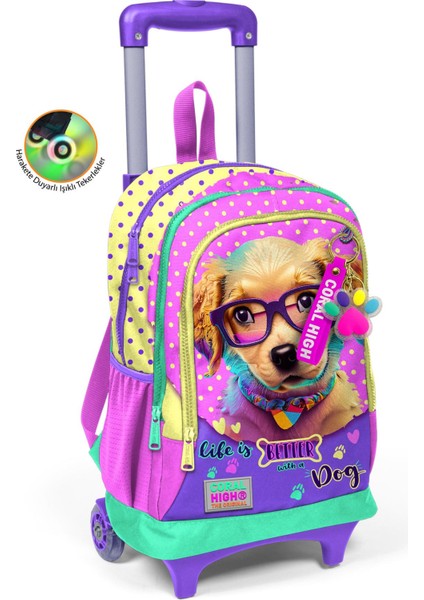 Kids Sarı Pembe Sevimli Köpek Desenli Üç Bölmeli Çekçekli Okul Sırt Çantası 23952