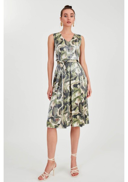 Parlak Saten Beli Bağlamalı Desenli Elbise