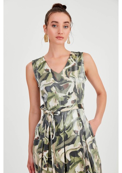 Parlak Saten Beli Bağlamalı Desenli Elbise fiyatları