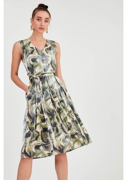 Parlak Saten Beli Bağlamalı Desenli Elbise modelleri