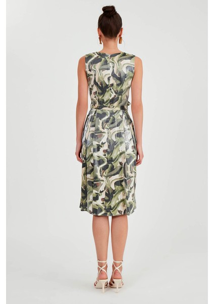 Parlak Saten Beli Bağlamalı Desenli Elbise indirimleri