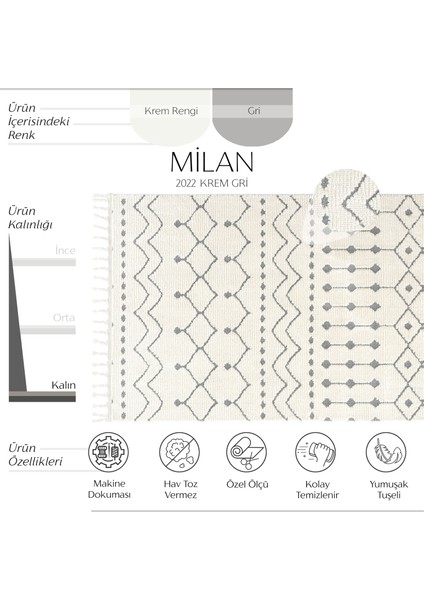 Milan 2022 Bej Gri Hav Toz Vermez Yumuşak Dokulu Etnik Desen Iskandinav Kesme Halı