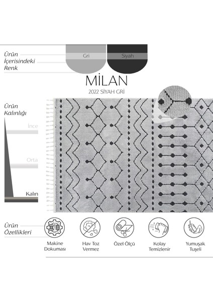 Milan 2022 Siyah Gri Hav Toz Vermez Yumuşak Dokulu Etnik Desen Iskandinav Kesme Halı