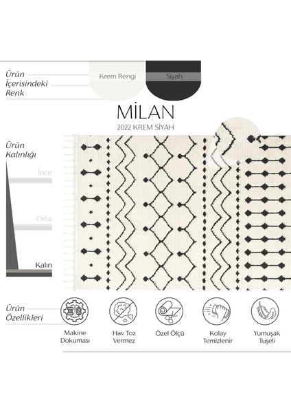 Milan 2022 Siyah Hav Toz Vermez Yumuşak Dokulu Etnik Desen Iskandinav Kesme Halı