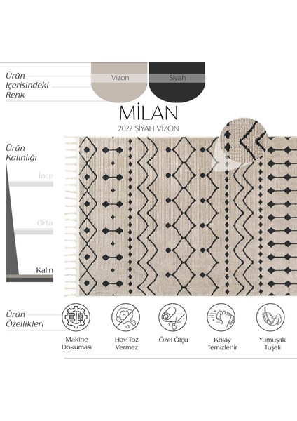 Milan 2022 Siyah Vizon Hav Toz Vermez Yumuşak Dokulu Etnik Desen Iskandinav Kesme Halı