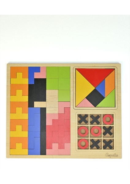 Capella Wood Works 3'lü Oyun Seti Tetris Tangram Xox Eğitici Ahşap Oyuncak