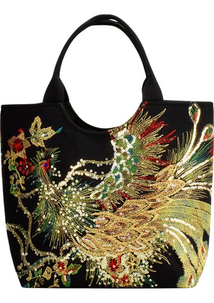 Kadın Omuz Çantası Tavuskuşu Işlemeli Parlak Payetler Fermuar Kanvas (Yurt Dışından)