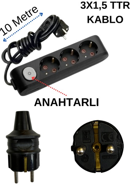 (3/'lü) Üçlü Priz Topraklı Anahtarlı Kablolu Siyah (3x1,5 Ttr) 10 (On) Metre