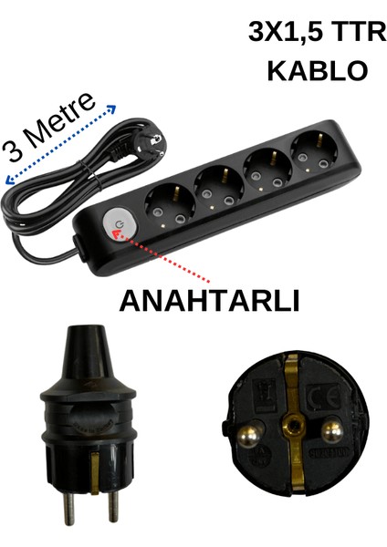 (4/'lü) Dörtlü Priz Topraklı Anahtarlı Kablolu Siyah (3x1,5 Ttr) 3 (Üç) Metre