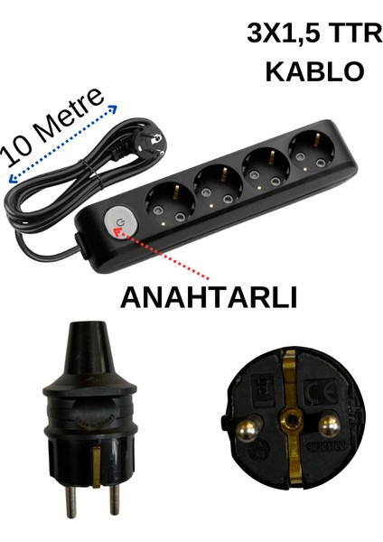 (4/'lü) Dörtlü Priz Topraklı Anahtarlı Kablolu Siyah (3x1,5 Ttr) 10 (On) Metre