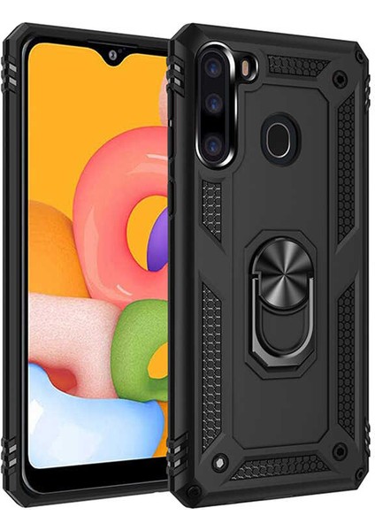 Samsung Galaxy A21 Uyumlu Kılıf Standlı Manyetik Yüzüklü Military Magnetic Ring Polycarbonate And Tpu Case