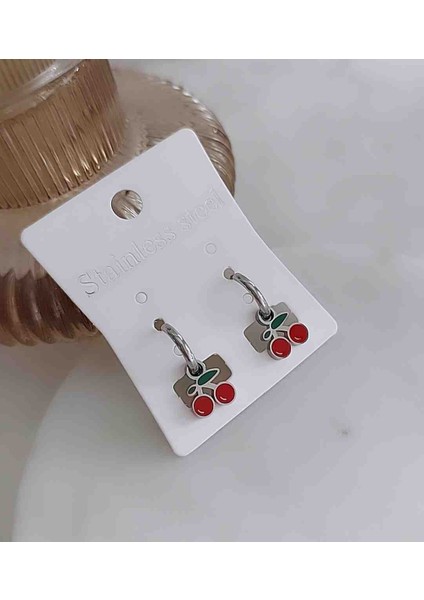 316L Paslanmaz Çelik Kiraz Silver Çocuk Küpe