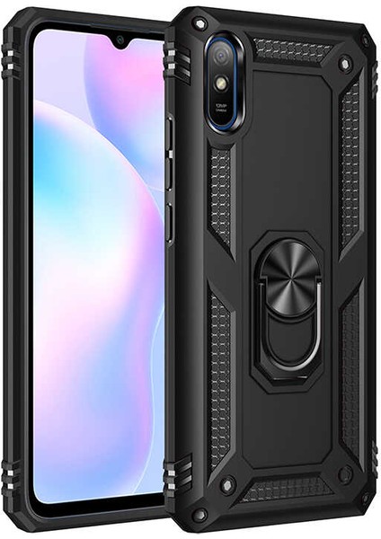Xiaomi Redmi 9A Uyumlu Kılıf Standlı Manyetik Yüzüklü Military Magnetic Ring Polycarbonate And Tpu Case