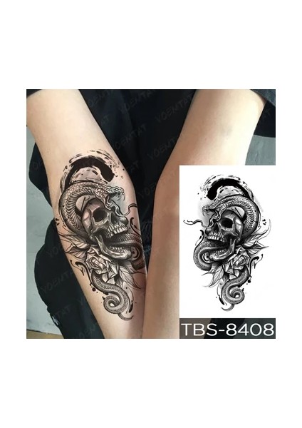 Gerçekci Geçici Dövme Tattoo Kurukafa ve Yılan Dövme Sahte Etiket Kadın Erkek Kol Bacak