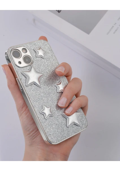 Paladyum Case iPhone 15 Plus Uyumlu Gümüş Puf Yıldızlı Simli Kılıf