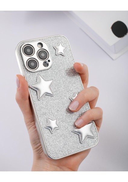 Paladyum Case iPhone 14 Pro Uyumlu Gümüş Puf Yıldızlı Simli Kılıf