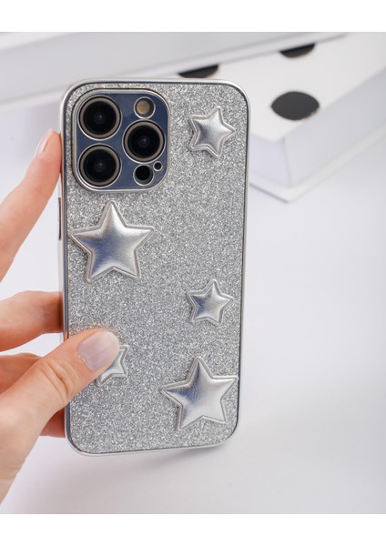 Paladyum Case iPhone 14 Pro Uyumlu Gümüş Puf Yıldızlı Simli Kılıf