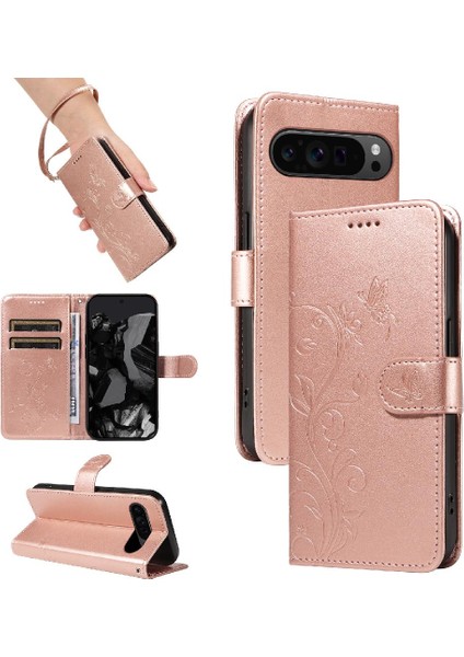 Google Piksel 9 Pro 5g ve Kart Yuvası Kabartmalı Kelebek Için Flip Case (Yurt Dışından)
