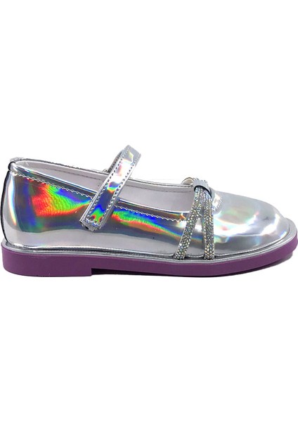Arz 4756 Gümüş Rugan Taşlı Kız Çocuk Babet Ayakkabı