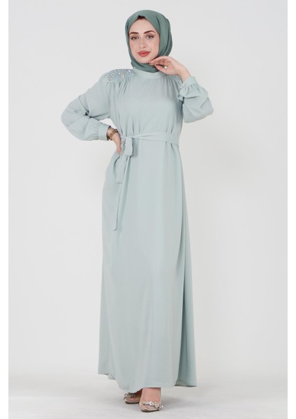 Omuzu Işlemeli Beli Kuşaklı Tesettür Elbise-Mint Yeşili fiyatları