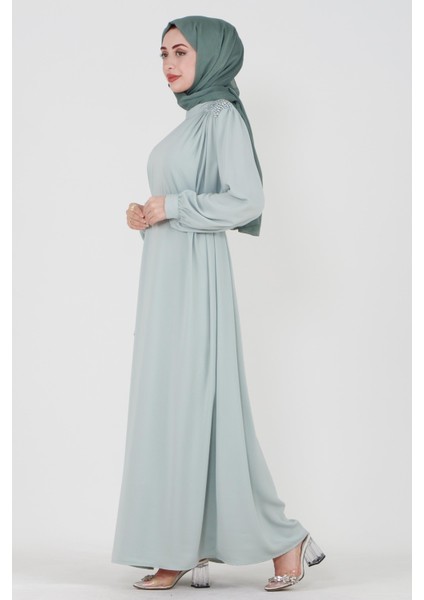 Omuzu Işlemeli Beli Kuşaklı Tesettür Elbise-Mint Yeşili modelleri