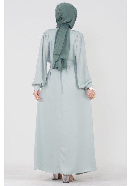 Omuzu Işlemeli Beli Kuşaklı Tesettür Elbise-Mint Yeşili indirimleri