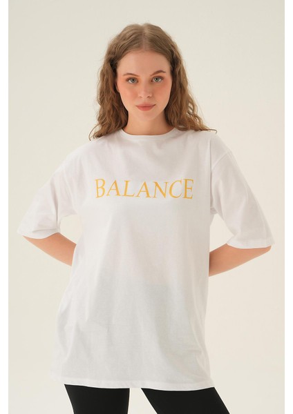 1697 Balance Baskı Oversize Tişört Beyaz