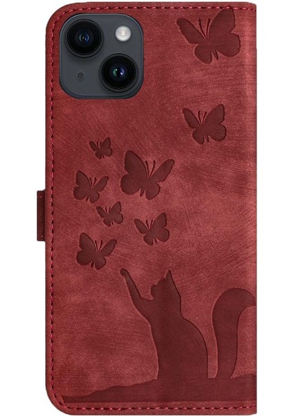 IPhone 14 Için Kılıf Artı Kabartmalı Kelebek Kedi Flip Folio Cüzdan Kılıf (Yurt Dışından)