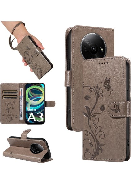 Xiaomi Redmi A3 Için Flip Case El Kayışı ve Kart ile Kabartmalı Kelebek (Yurt Dışından)