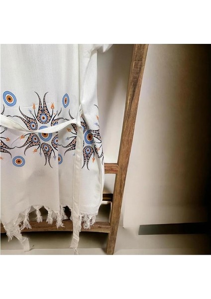 Pamuk Viskon Nazar Boncuklu Lale Desen Baskılı Kuşaklı Kısa Kimono Peştemal Bornoz Plaj Kıyafeti modelleri