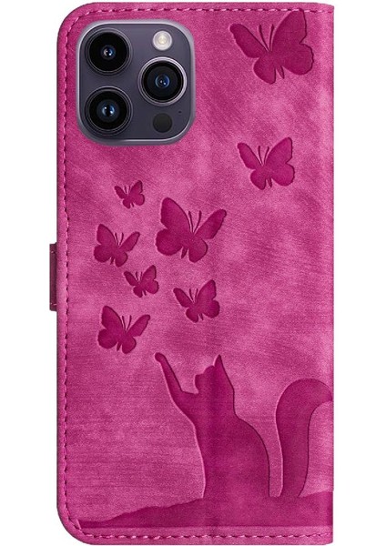 IPhone 15 Için Kılıf Pro Max Kabartmalı Kelebek Kedi Flip Folio Tutucu Kapak (Yurt Dışından)