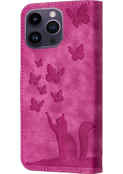 IPhone 15 Için Kılıf Pro Max Kabartmalı Kelebek Kedi Flip Folio Tutucu Kapak (Yurt Dışından)