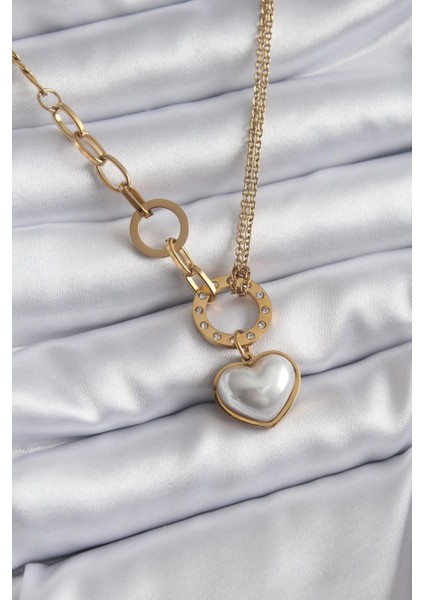 E-Bijuteri Çelik Gold Renk Inci Kalp Zirkon Taş Detay Kadın Kolye