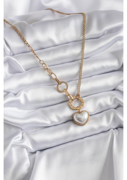 E-Bijuteri Çelik Gold Renk Inci Kalp Zirkon Taş Detay Kadın Kolye fiyatları